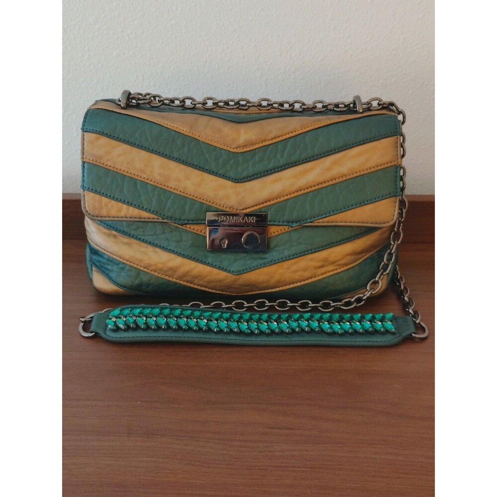 Pomikaki Green Bronze Chevron Shoulder Crossbody Bag Chain Jeweled Strap Boho
